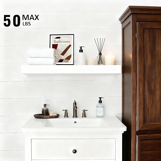 Set of 3 Farmhouse Solid Wood Floating Shelves 15.7 inch White Wall Mounted Storage Shelves for Bathroom Over Toilet, Bedroom