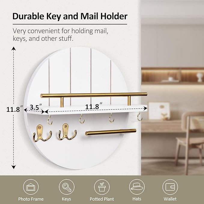 Nekon Key Holder Wall Mount, 11.8 Inch Rack With Shelf and 6 Hooks, Rustic Mail Organizer, Circular Wooden Hanger for Entrywa