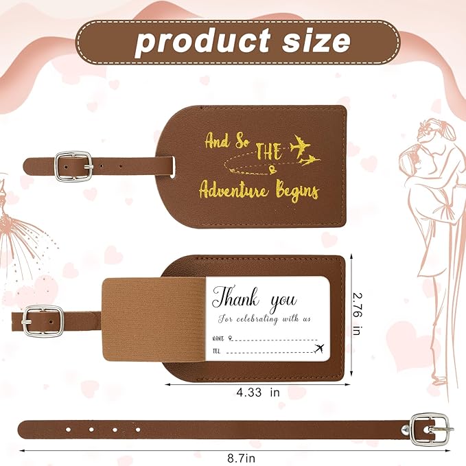Sweetude 48 Sets Leather Luggage Tag Bulk and So The Adventure Begins Luggage Tags with Name Card for Wedding Bridal Shower B