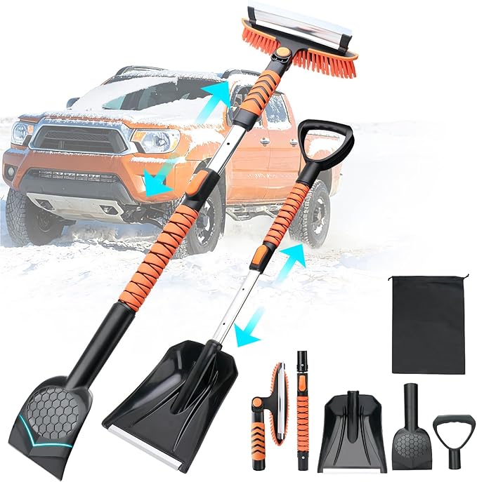 43.3'' Snow Shovel & Snow Brush with Ice Scrapers for Car Windshield,5-in-1 Extendable Thicken Aluminum Tube,180° Pivoting Brush Head & Foam Grip for Christmas, Cars, Trucks, SUVs, Vehicle(Orange
