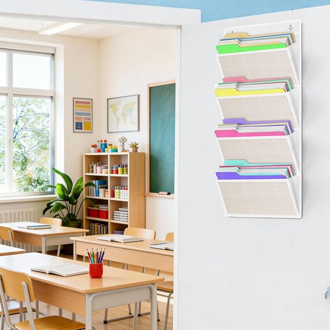 homyfort hanging wall file organizer, Over the door file folder organizer with 4 Large Bamboo Pockets, Suitable for Home, Off