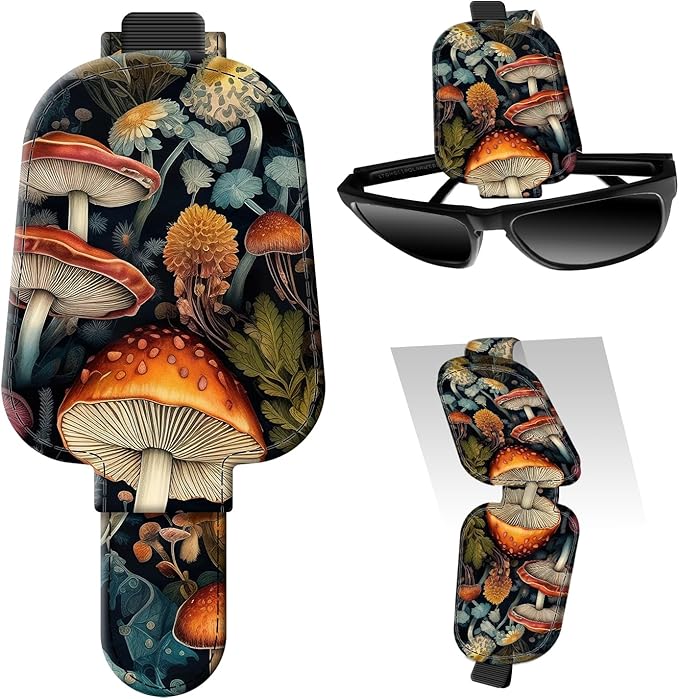 Leather Magnetic Sunglass Holder for Car Sun Visor, Cute Eyeglass Ticket Card Hanger Clip, Universal Auto Interior Accessories for SUV Pickup Truck Vintage Cute Mushroom