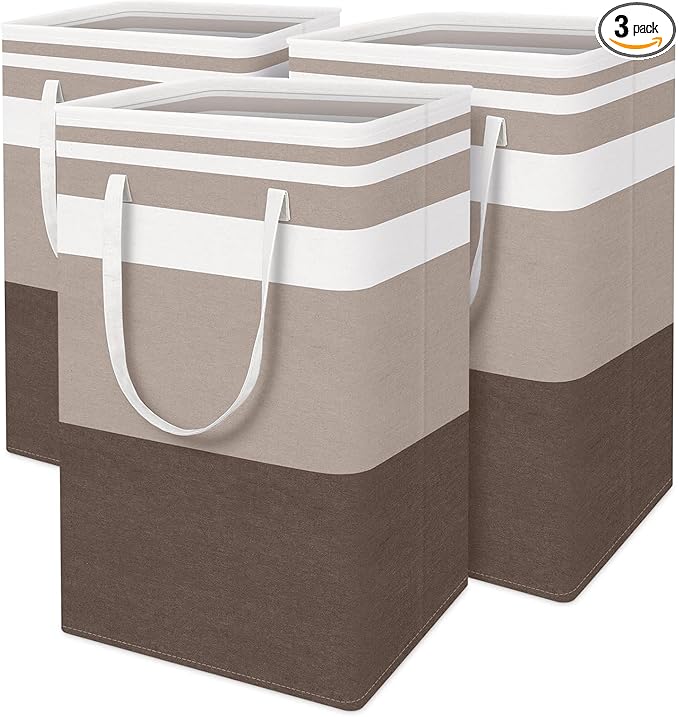 BlissTotes 3-Pack Laundry Basket, Freestanding＆Waterproof Laundry Hamper, Collapsible Tall Clothes Hamper with Easy Carry Han