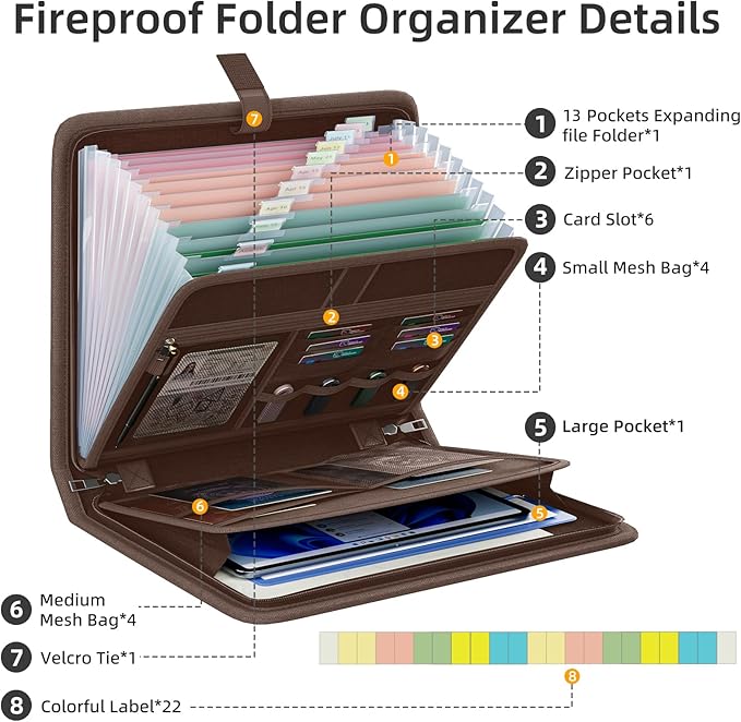 Fireproof Accordion File Organizer, Portable Expanding File Folder with Waterproof Zipper&Labels, Brown Document Organizer wi