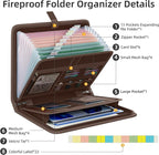 Fireproof Accordion File Organizer, Portable Expanding File Folder with Waterproof Zipper&Labels, Brown Document Organizer wi