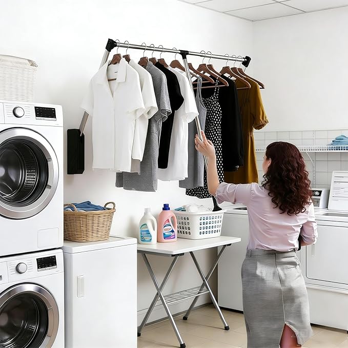 Pull Down Closet Rod, 32.68"-45.27" Width Adujstable Clothing Organization Rail with Dual Hydraulic Buffer, Back-mounted Ward