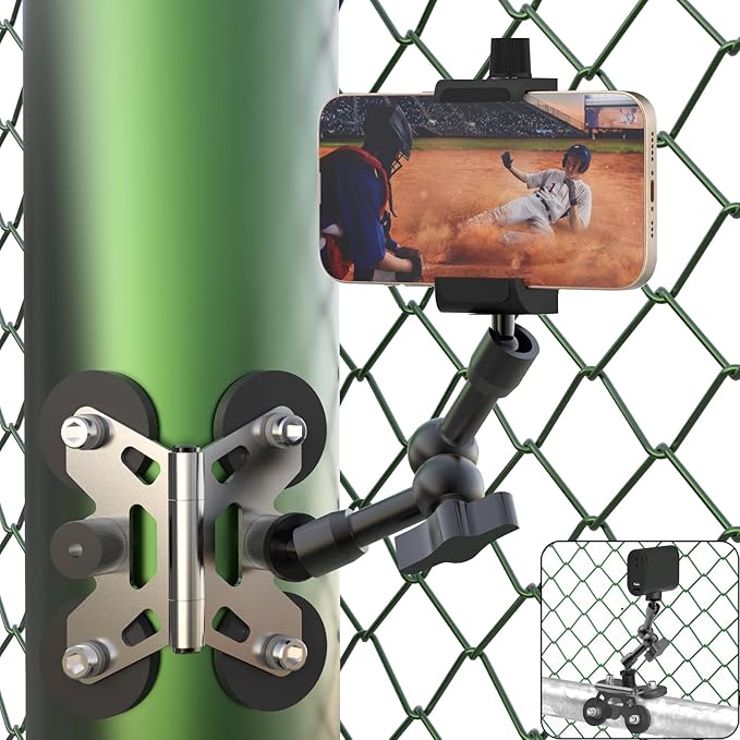 Magnetic Phone Fence Mount for iPhone, PostMount for Mevo Start, GoPro with Two 1/4" Mount Points Flexible Hinge Camera Magnet Holder for Recording Baseball,Softball and Tennis Game