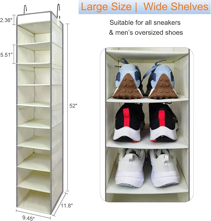 Large-Sized Hanging Shoe Organizer 10-Shelf, Sturdy Hanging Closet Organizer with 8 Side Pockets, Wider Hanging Shelves for S