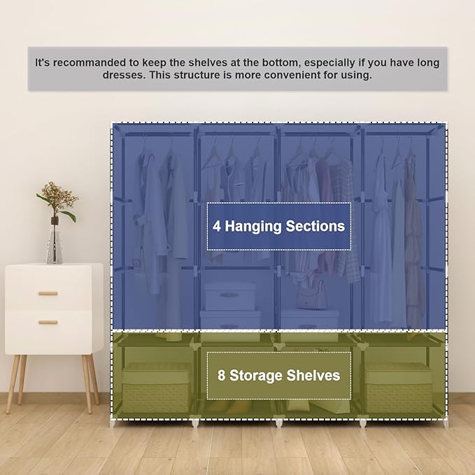 MOGELAFOO Portable Closet Wardrobe, 67-Inch Clothes Organizer with 4 Hanging Rods and 8 Shelves, Non-Woven Fabric Cover, Larg