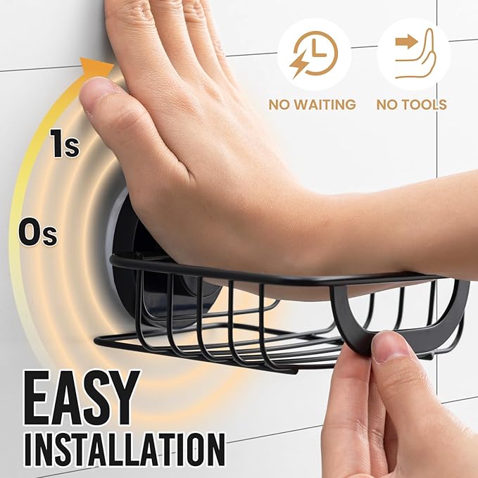 LEVERLOC Soap Holder Shower with Hooks, Bar Suction Cup Soap Dish Tray for Wall, Rust-Proof Stainless Steel Sponge Caddy for 
