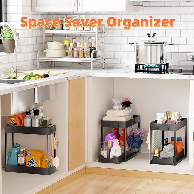 Simple Trending 3 Pack Under Sink Organizer, Pull-Out Cabinet Organizer Drawer, 2 Tier Multi-Purpose Slide Out Storage Shelf 