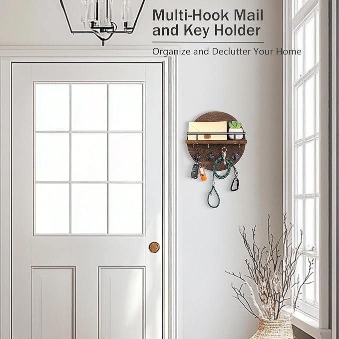 dreampossible Key Holder Wall Mount - 10.2 Inch Decorative Key Rack and Mail Organizer with 8 Key Hooks - Wooden Key Hanger w