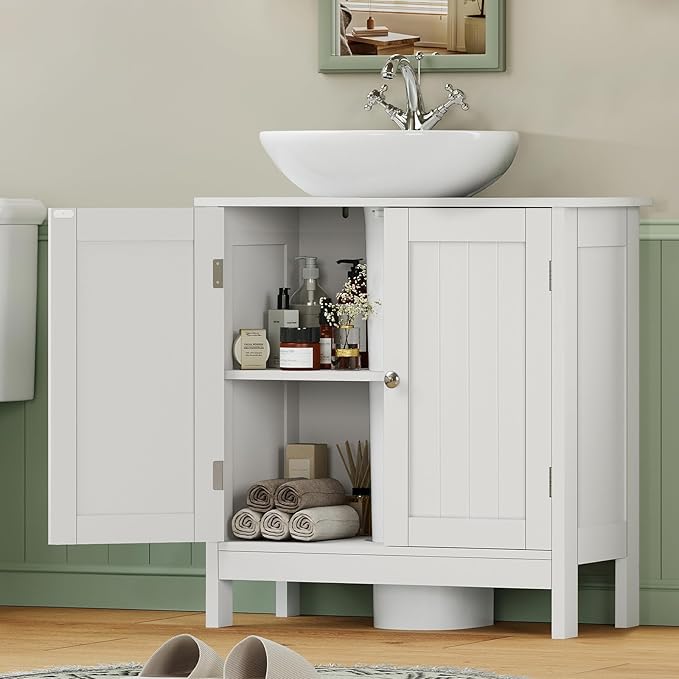 Iwell Pedestal Sink Storage Cabinet with 2 Doors and Shelf, Under Sink Cabinet, Bathroom Sink Cabinet with U-Shape, White