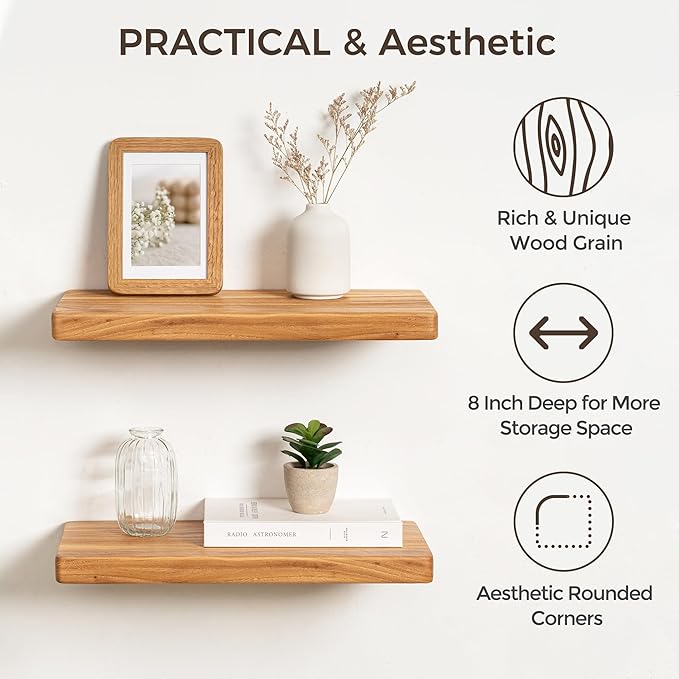 Floating Shelves 30" W x 8" D, Solid Elm Wood Shelves for Wall, 8 Inch Deep Floating Shelves for Home Storage & Display, Rust
