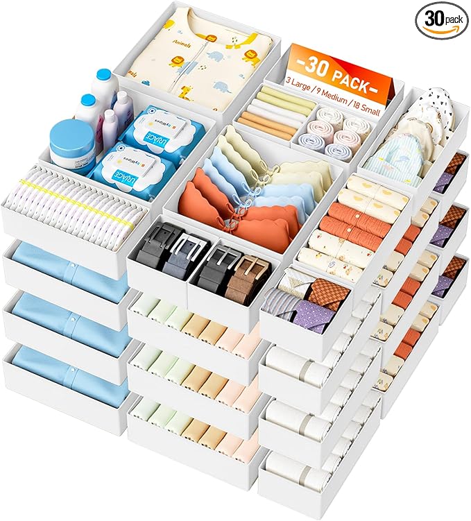 DIMJ Drawer Organizer Clothes- 30 Pack Baby Dresser Organizer for Nursery, Small Fabric Closet Drawer Organizer Bins for Unde