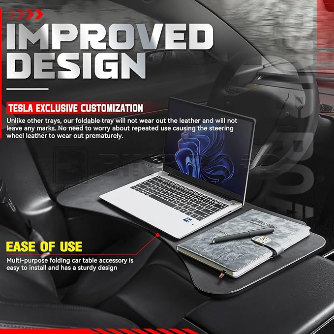 Car Folding Tray Table Leather Compatible with Tesla Model 3 Y – Multi-Use Dining Tray & Laptop Stand, Fits Front Driver & Passenger Seats,Black