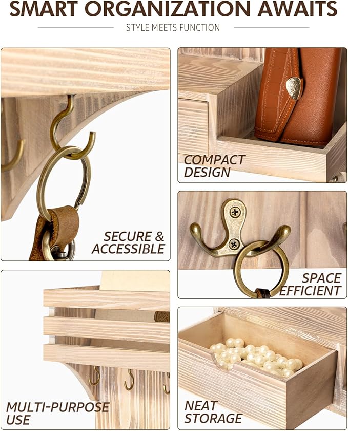Rebee Vision Decorative Key Holder Wall Mount with Mini Drawer Organizer - Farmhouse Key Holder for Wall with Mail Organizer 