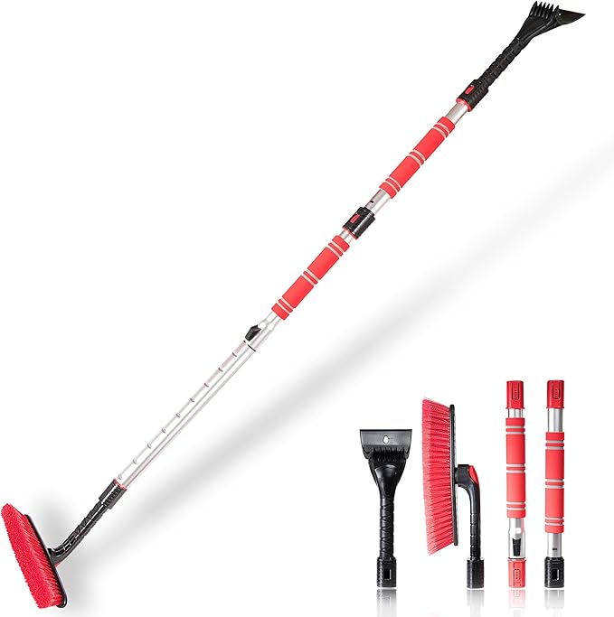 VaygWay Ice Scraper and Extendable Snow Brush for Car Windshield- Adjustable Length Foam Grip 360° Pivoting Brush Head for Snow, 2 in 1 Sturdy Winter Ice and Snow Remover for Car, Truck, Van