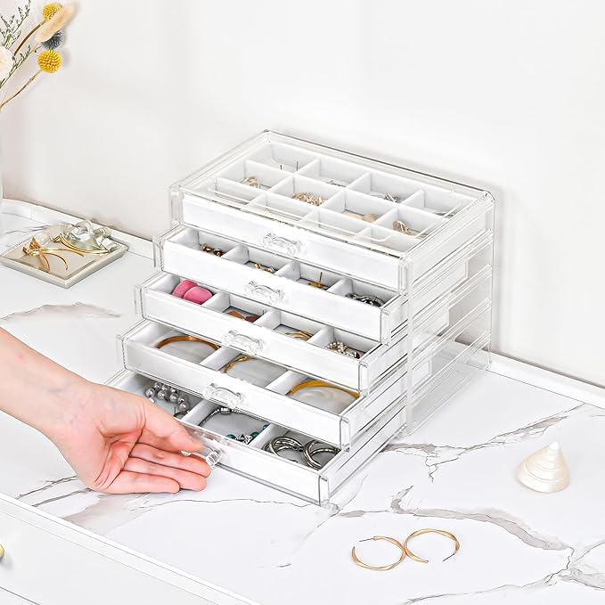 ProCase Earring Holder Organizer Jewelry Box with 5 Drawers, Acrylic Clear Earring Case with Adjustable Velvet Trays for Wome