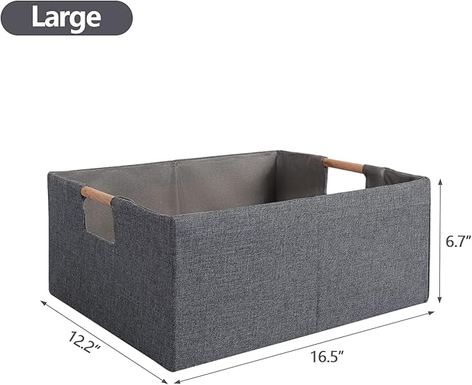 Fabric Storage Bin Box Foldable Cotton Linen Storage Basket with Wooden Handles Rectangular Cube Decorative Home Laundry Orga