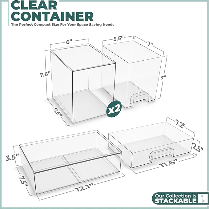Sorbus Acrylic Storage Containers - 3 Pack, Stackable Storage Bins Set for Bathroom Organization - Clear Acrylic Drawer Organ