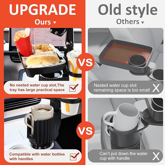 Car Large Cup Holder Expander, 5-in-1 Cupholder Extender with Phone Holder & Swivel and Detachable Snack Food Tray Table for 