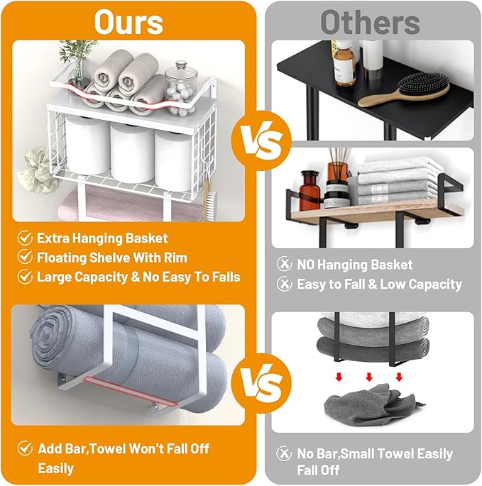 Towel Racks for Bathroom Wall Mounted, 4 tire Bath Towel Storage - with 2 Pack Towel Shelf and Floating Shelves Over Toilet, 