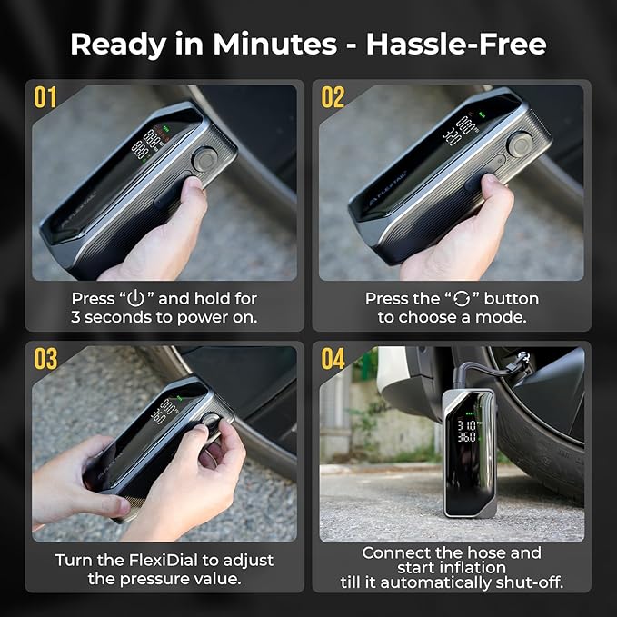FLEXTAILGEAR Portable Tire Inflator, Rechargeable Electric Air Pump with Knob Pressure Control, Cordless Air Compressor for Car Tires, Bike, Balls, Digital Pressure Gauge, Auto Shut-Off.