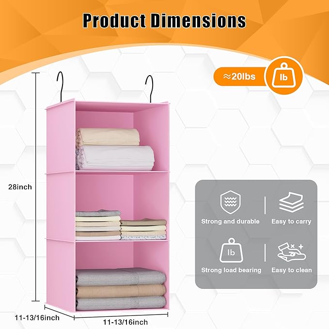 Hanging Closet Organizer and Storage 3-Shelf, Easy Mount Foldable Hanging Closet Wardrobe Storage Shelves, Clothes Handbag Sh