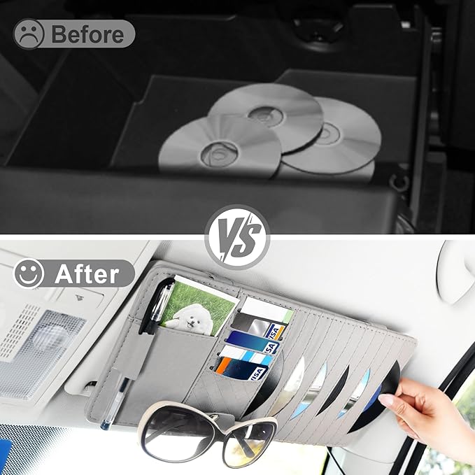alpmosn Sun Visor CD Case Holder for Car - Multi-Function Visor Organizer with CD/DVD Storage, Eyeglass Clip, Card Slots & Pen Holder, Durable Leather Car Accessories (Grey)