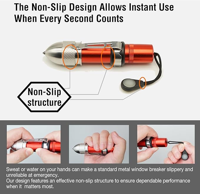 4-in-1 Car Emergency Escape Tool, Spring-Loaded Window Breaker & Seatbelt Cutter with Tungsten Steel Hammerhead, Anti-Slip Lu