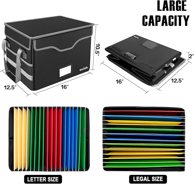 DocSafe Fireproof Document Box with Lock, File Storage Organizer with Mesh Pockets, Collapsible Portable File Box Home Office