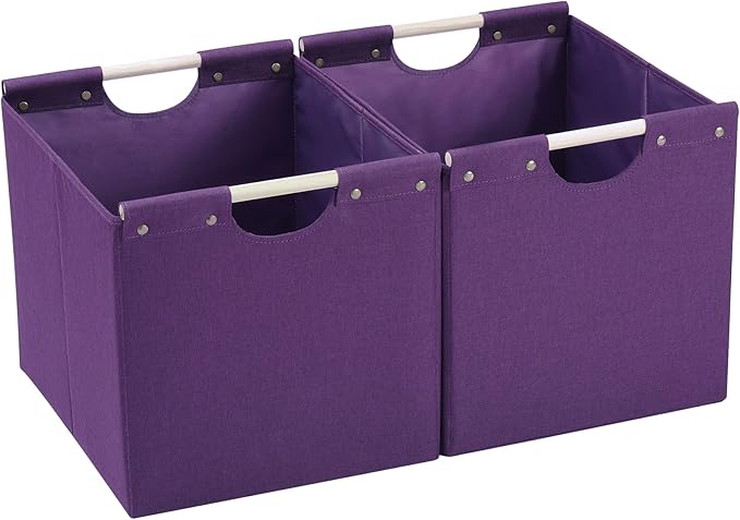 HOONEX Large Collapsible Storage Bins, Linen Fabric, Pack of 2, Storage Baskets with Wooden Carry Handles and Sturdy Heavy Ca