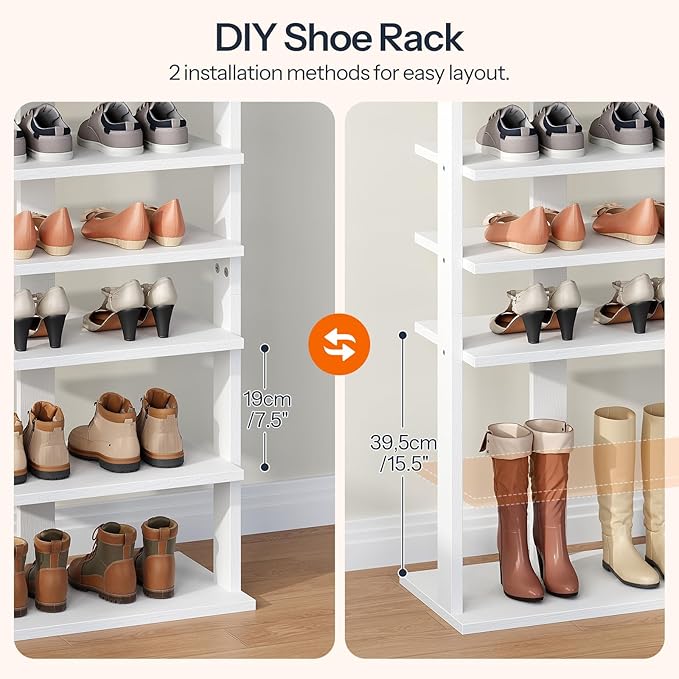 HOOBRO 10 Tiers Vertical Shoe Rack, Wooden Shoe Storage Organizer with Hooks, Narrow Shoe Tower for 20 Pairs, Space Saving, f