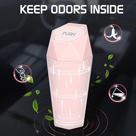 Car Trash Can with Lid, Mini Car Trash Cup with 30 Additional Trash Bags, Car Accessories for Interior, Leakproof Vehicle Garbage Bin for Car, Home, Office - 2 Packs, Pink