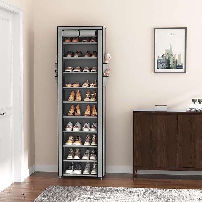 VTRIN Vertical Narrow Shoe Rack Organizer Tall Shoe Rack for Closet Entryway 10 Tier Non-Woven Cover Shoe Shelf Holds 20-22 P