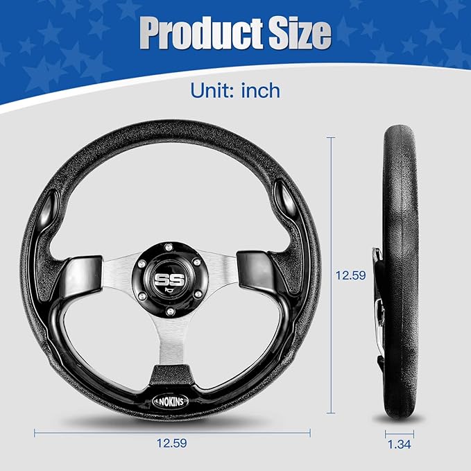 NOKINS 12.5" Universal Golf Cart Steering Wheel, Fit EZGO TXT/RXV/Club Car DS/Precedent/Yamaha, Most Golf Carts (Black)