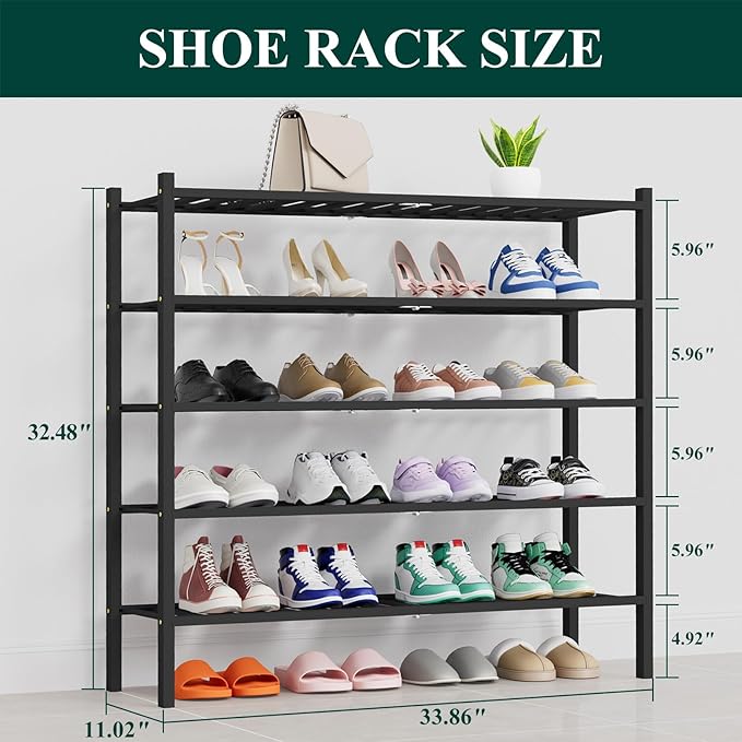 Smiry Shoe Rack, 5 Tier Thick Long Bamboo Shoe Organizer, Stackable Free Standing Wooden Shoe Storage Shelf for Closet, Entry
