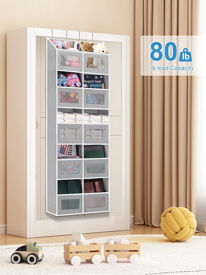 Over the Door Organizer Hanging- 10 Compartments, 80 lbs Load Behind Door Stuffed Animal Storage, Extra Large Toys Storage Or