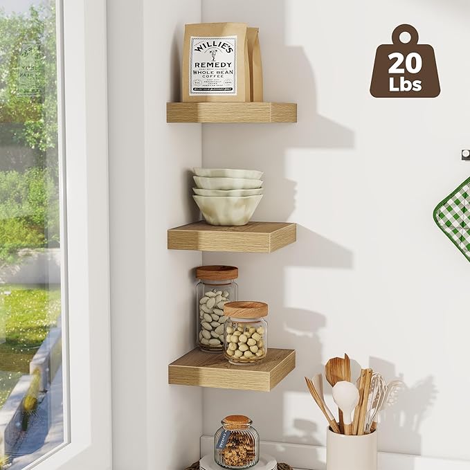 Fun Memories Small Floating Shelves for Wall - 8 Inch Square Wall Shelves with Invisible Brackets, Oak Shelves for Bathroom, 