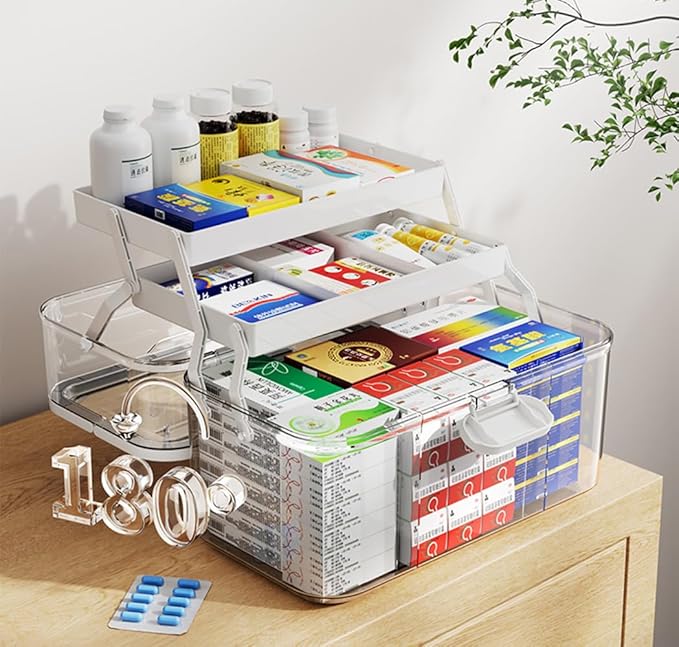 3-Tier 12 x 9 x 7 Medicine Organizer, Medicine Cabinet Organizer with Portable Pill Case, Multipurpose Plastic Box for Storag