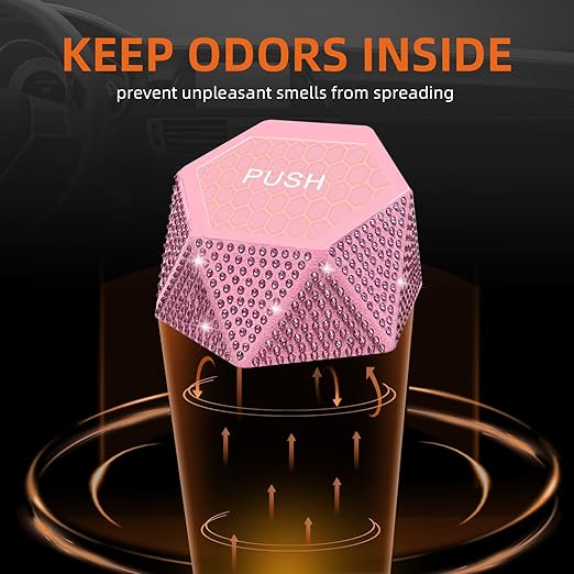 NBTEPEM 2 PCS Bling Car Trash Can with Lid, Bling Car Accessories Trash Bin, Leakproof Auto Garbage Can with 60 Trash Bags, Multipurpose Organizers and Storage for Home, Office (Pink Diamond)
