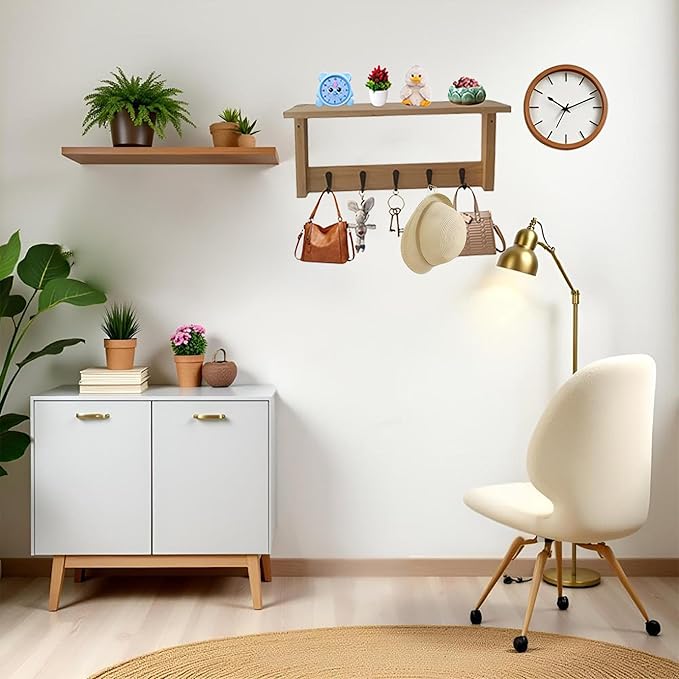 Wall Shelf with Hooks, Multi-Purpose Wooden Shelf & Metal Hooks for Home Entryway, Living Room,Office - Heavy Duty Coat Rack 