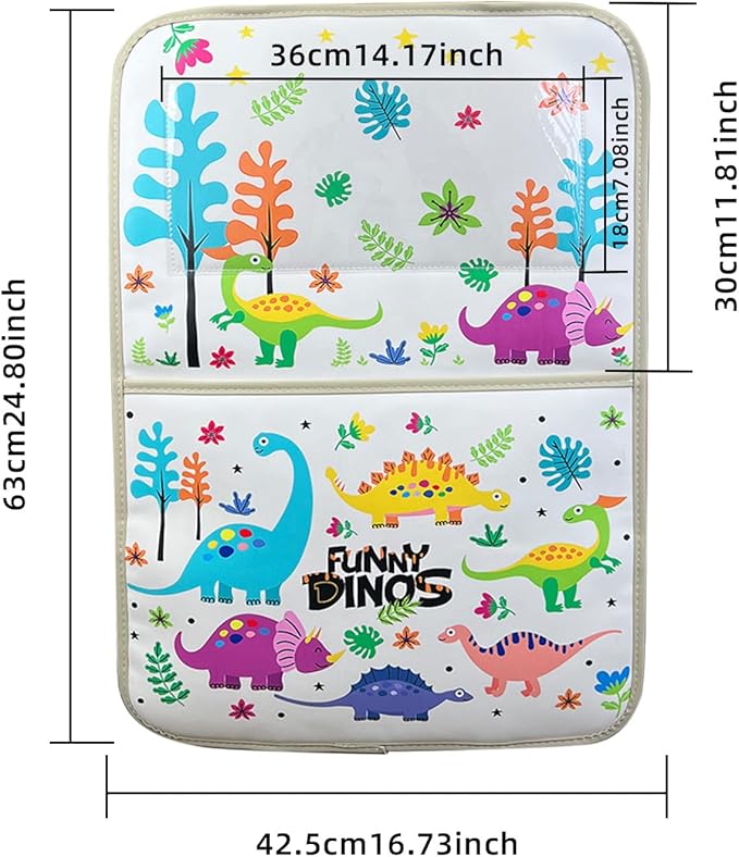 kids Leather Car Backseat Organizer with Foldable Table Tray, Car Storage Organizer with Tablet Holder, Car Seat Back Protectors Kick Mats, Travel Accessories (Dinosaur)