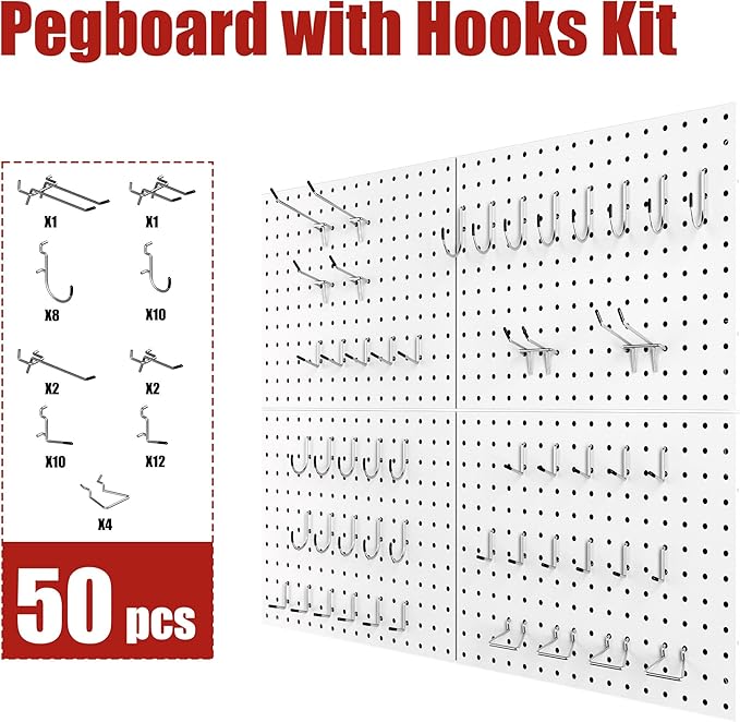 4 Pack Metal Pegboard Panels with 50 Hooks, White Pegboard Wall Organizer, Pegboard Accessories, Heavy Duty Garage Tool Stora