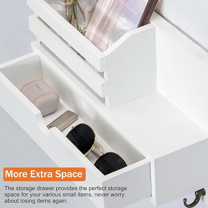 dreampossible Key and Mail Holder for Wall, Mail Organizer Wall Mount with 6 Hooks and Storage Drawer, Wooden Key Rack Hanger