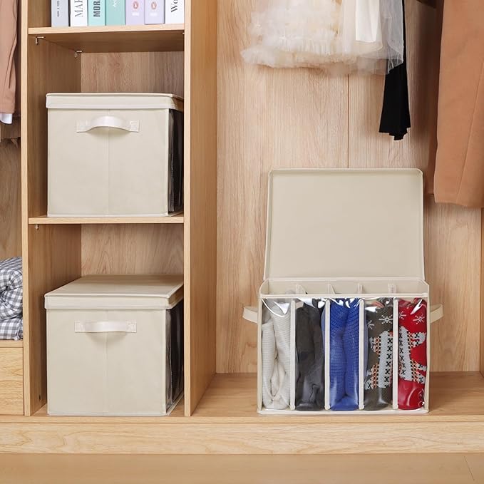 Zilink Upgraded Clothes Organizers with Lids and Support Boards Large Sweater Organizer for Closet Shelf with 5 Grids Divider