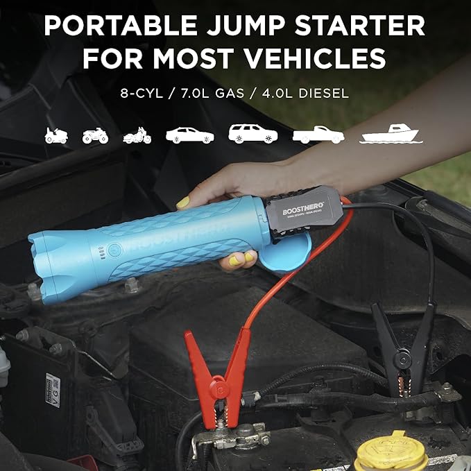 BoostHero Portable Car Battery Jump Starter, 6,000mAh Power Bank, LED Flashlight, with Smart Jumper Cables for up to 6.0L Gas/4.0L Diesel Engines (Blue)