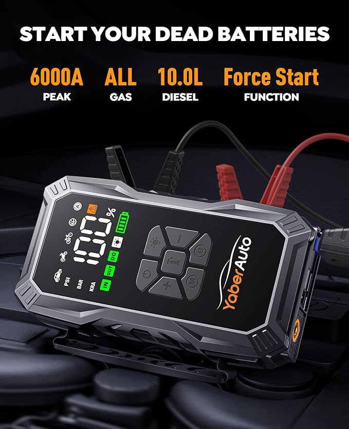 YaberAuto 10-in-1 Jump Starter with Air Compressor 6000A 150PSI Car Battery Jump Starter (All Gas/10L Diesel) 12V Jump Box