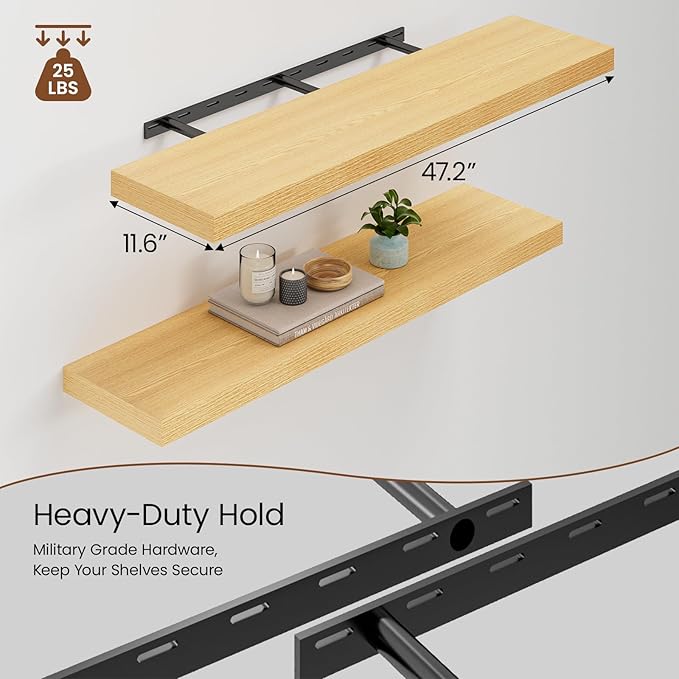 Heimlove 48W x 12D Long Floating Shelf, 12 Inch Deep Floating Shelves for Wall Set of 2, Wood Shelves for Bedroom Living Room